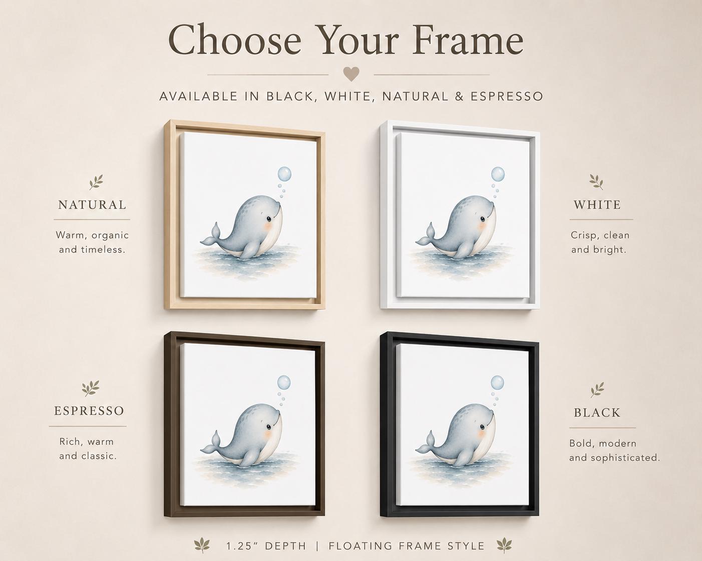 A product presentation graphic for a floating frame wall art set featuring a cute whale illustration. The image shows four framed versions of the print (in natural wood, white, espresso brown, and black frames) with descriptive text labels for each frame style on a warm beige background.