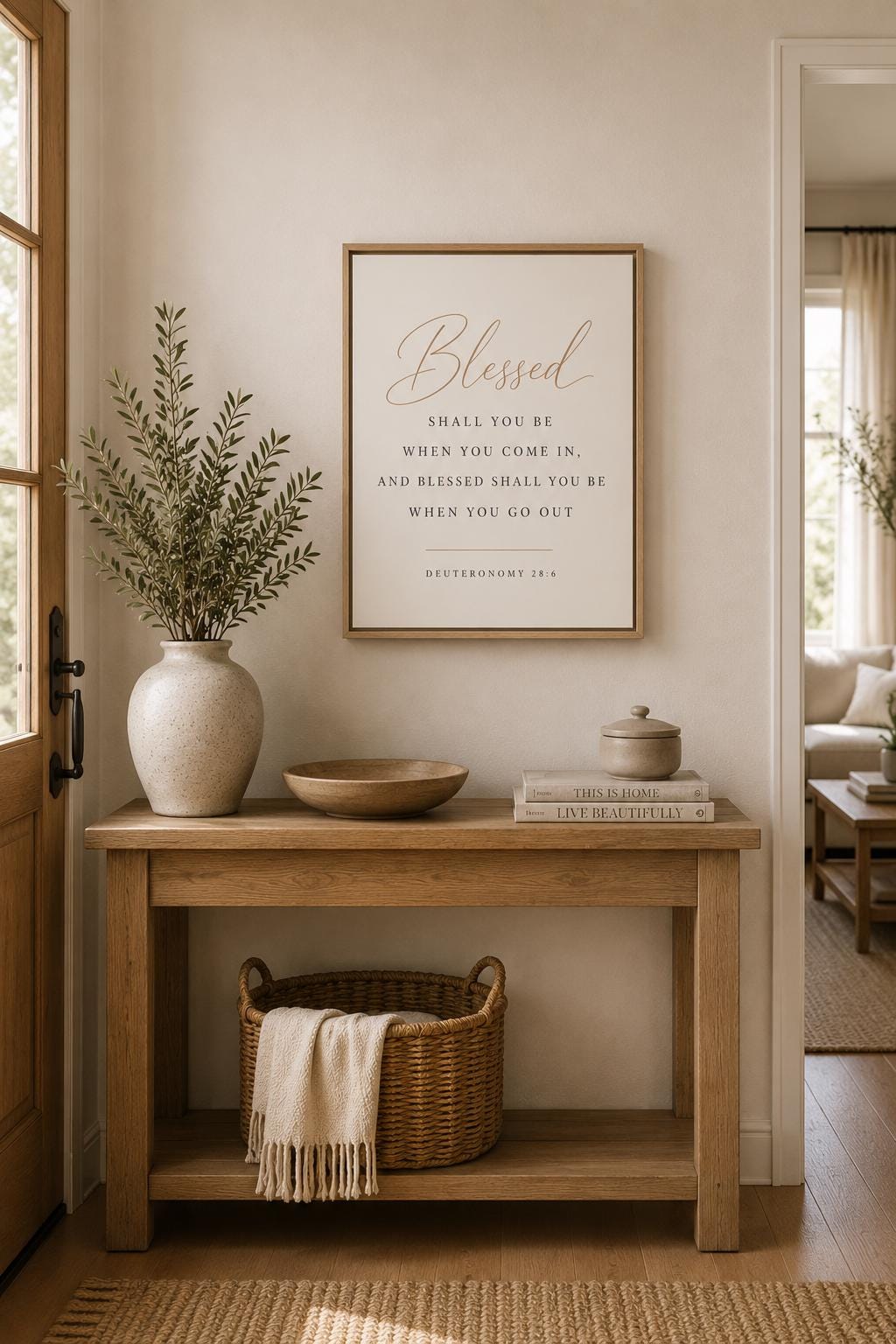 A framed wall art print with a Bible verse hangs above a light wood console table in a warm, neutral-toned living space. The print has a thin natural wood frame and the word 'Blessed' is written in elegant cursive at the top.