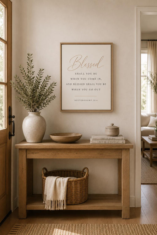 A framed wall art print with a Bible verse hangs above a light wood console table in a warm, neutral-toned living space. The print has a thin natural wood frame and the word 'Blessed' is written in elegant cursive at the top.