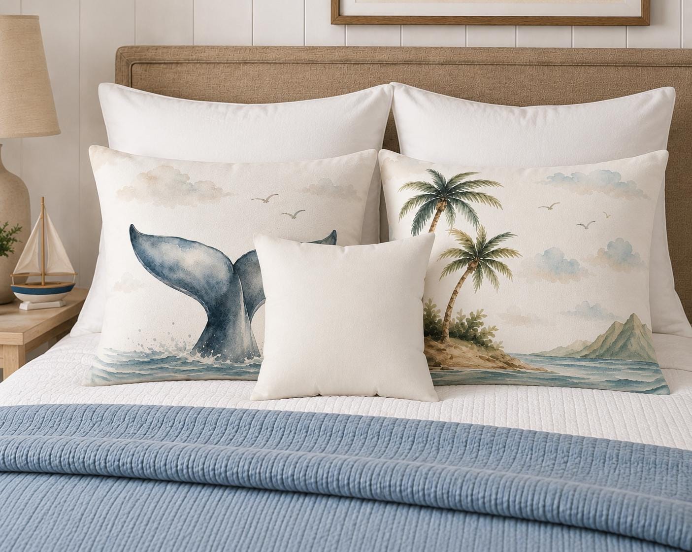 A styled bed with white bedding and a blue ribbed throw, featuring decorative throw pillows. Two larger pillows have a cream background with a blue whale tail and a tropical palm island scene, while a smaller square pillow in front is solid cream.