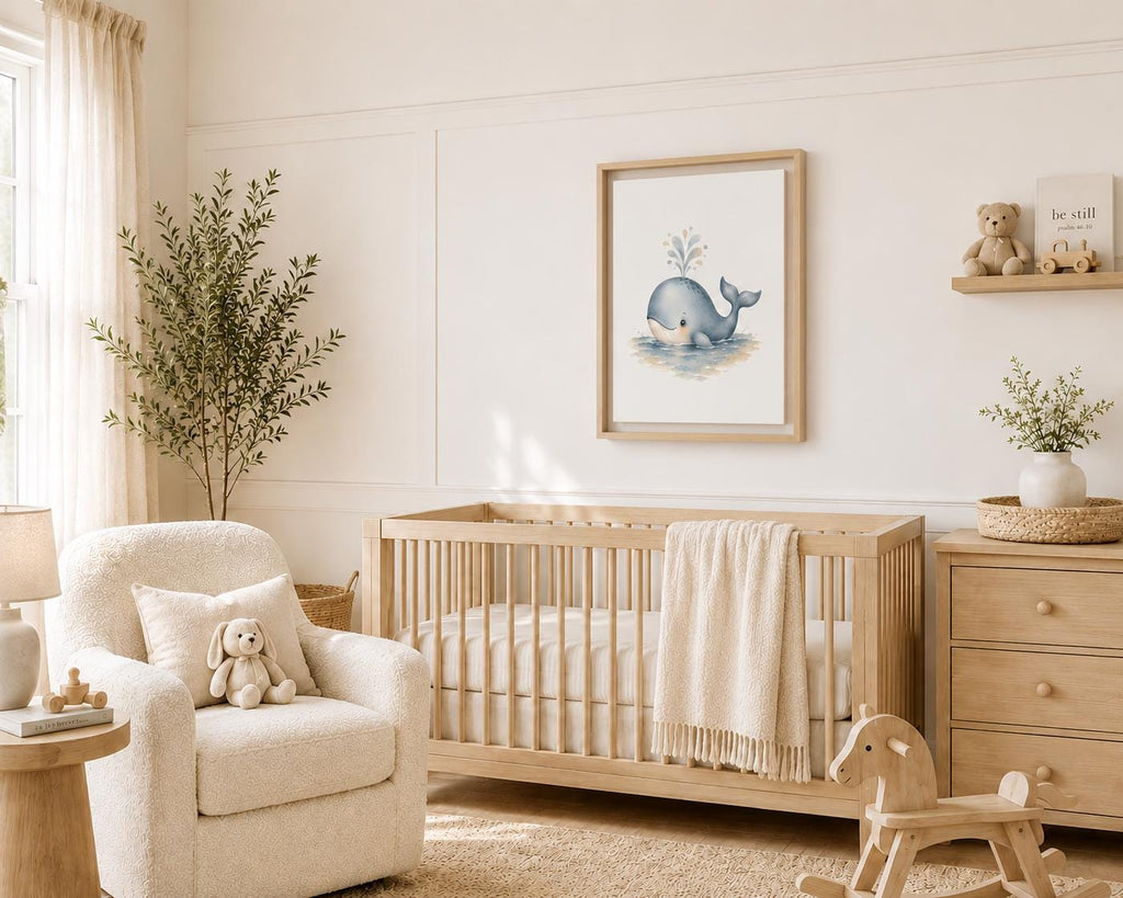 A styled nursery interior featuring a light wood crib with a cream throw blanket, a matching wooden dresser, a cream armchair with a stuffed bunny, and a framed whale art print on the wall.