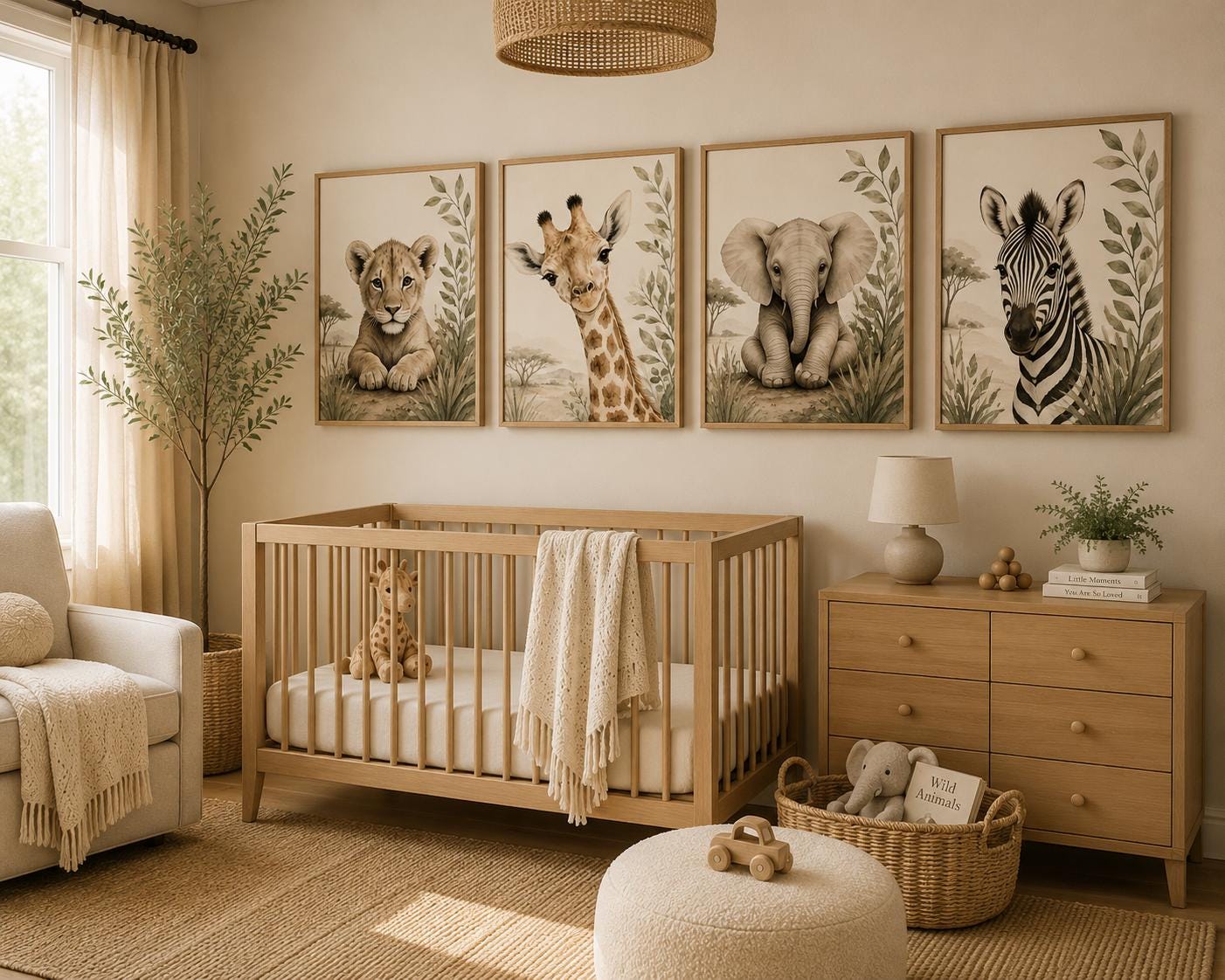 A styled nursery room featuring a light wood crib, a matching wooden dresser, a textured pouf, and a large potted plant. Above the crib, four framed safari animal prints (lion, giraffe, elephant, zebra) are hung on the beige wall.