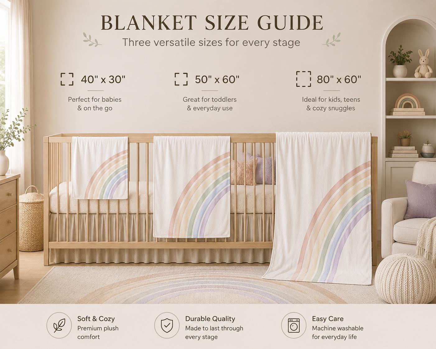 Blanket size guide infographic for a crib blanket with three size options: 40" x 30", 50" x 60", and 80" x 60". The image shows a wooden crib with a white crib sheet featuring pastel rainbow stripes, set in a styled nursery room.