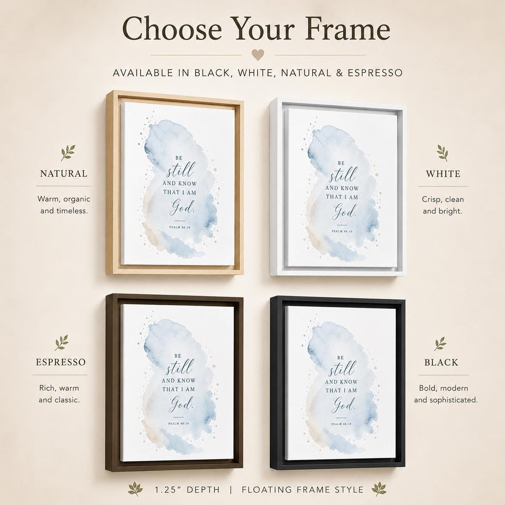 A product display graphic for a floating frame print, showing four variations of the same watercolor art print in different frame styles: natural wood, white, espresso brown, and black. The graphic includes descriptive text for each frame style and a title at the top reading 'Choose Your Frame'.