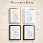 A product display graphic for a floating frame print, showing four variations of the same watercolor art print in different frame styles: natural wood, white, espresso brown, and black. The graphic includes descriptive text for each frame style and a title at the top reading 'Choose Your Frame'.