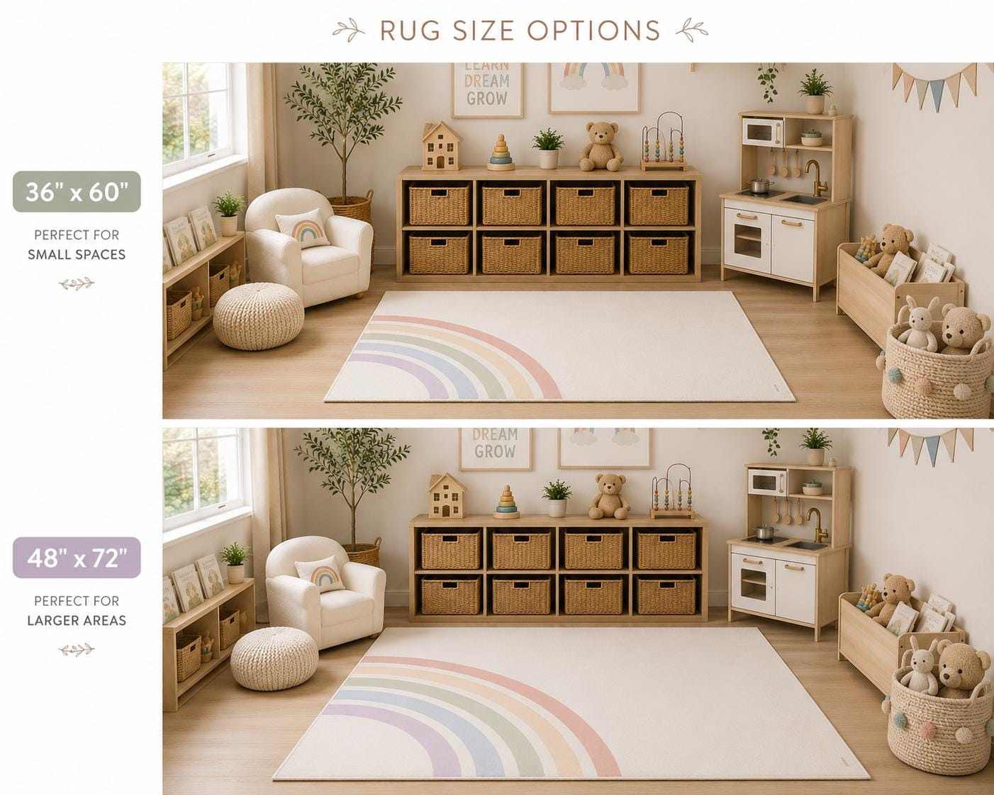 Two size options for a children's room rug are shown in a styled nursery interior: a smaller 36" x 60" rug and a larger 48" x 72" rug. Both are pale cream with a soft pastel rainbow arc across the center.