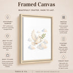 A framed canvas art print featuring a white dove with an olive branch flying over soft clouds, shown on a beige background with product details and icons from Theo. & Co.