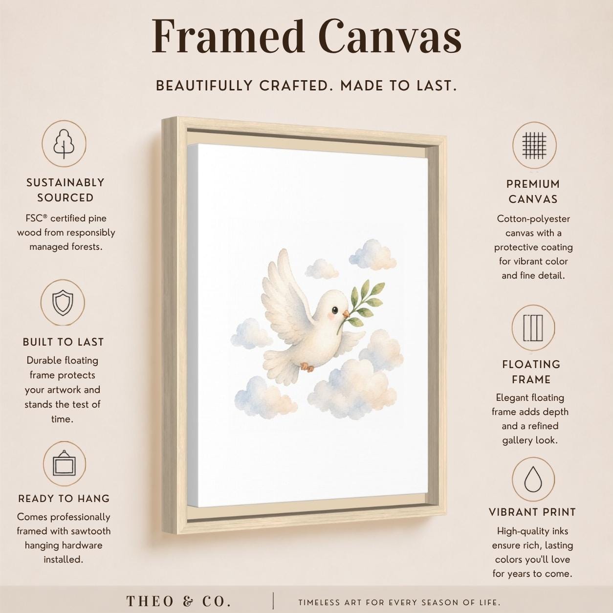 A framed canvas art print featuring a white dove with an olive branch flying over soft clouds, shown on a beige background with product details and icons from Theo. & Co.