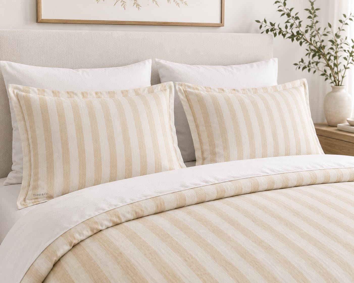 A neatly made bed with a cream and beige striped duvet cover and matching pillow shams, styled in a bright, neutral bedroom setting.