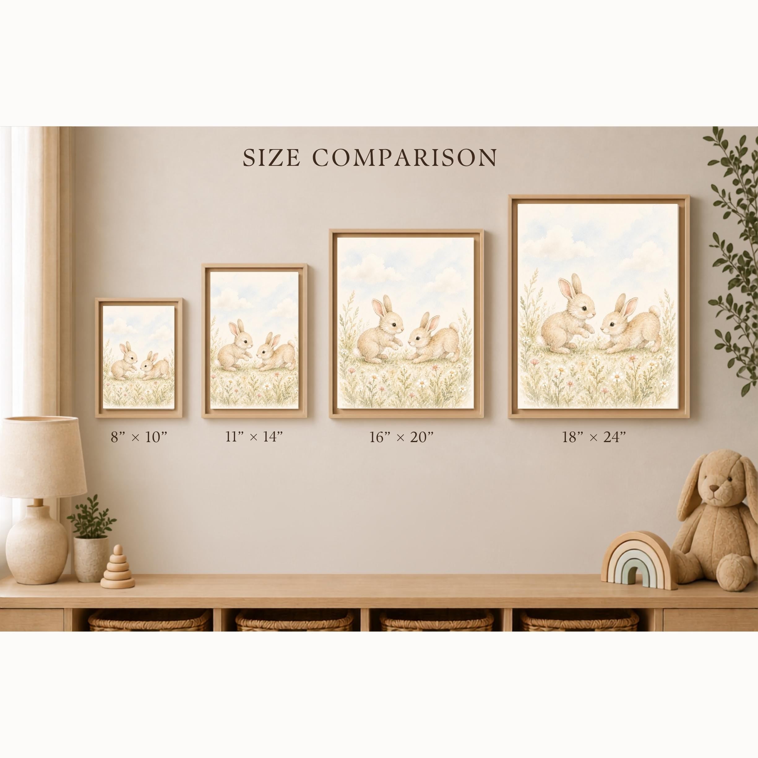 Playful Baby Bunnies Woodland Framed Canvas