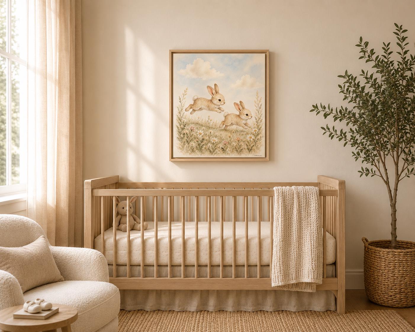 Playful Bunnies Woodland Floral Framed Canvas