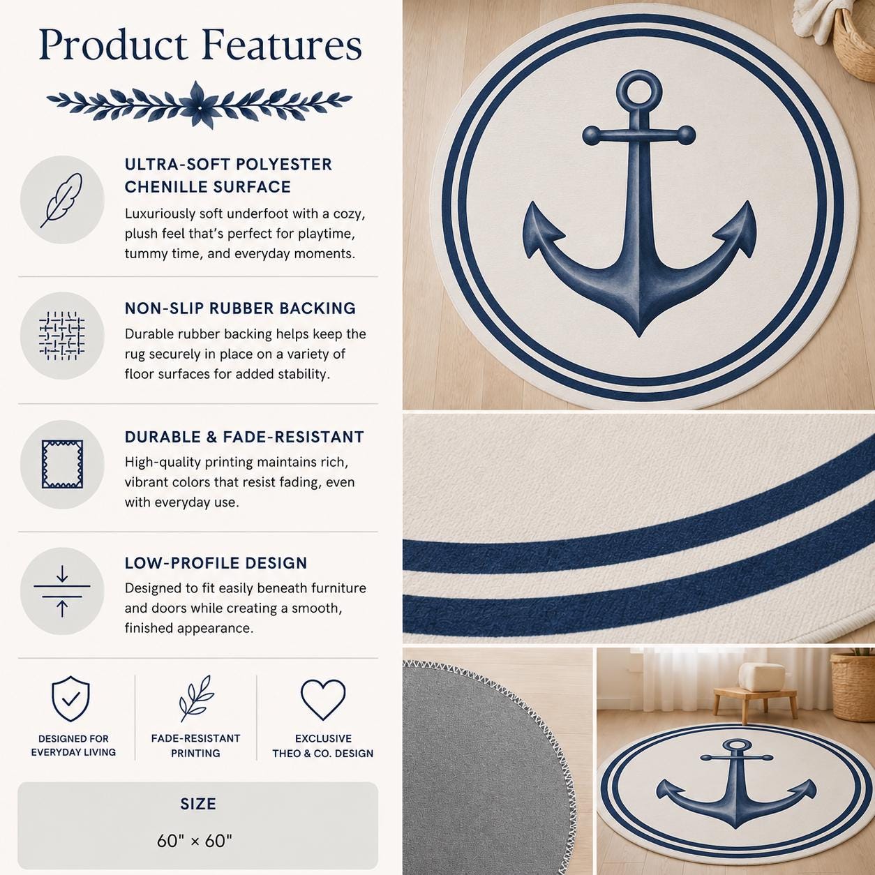 Blue Anchor Round Rug Coastal Nursery Nautical Ocean Playroom Watercolor Chenille Ivory