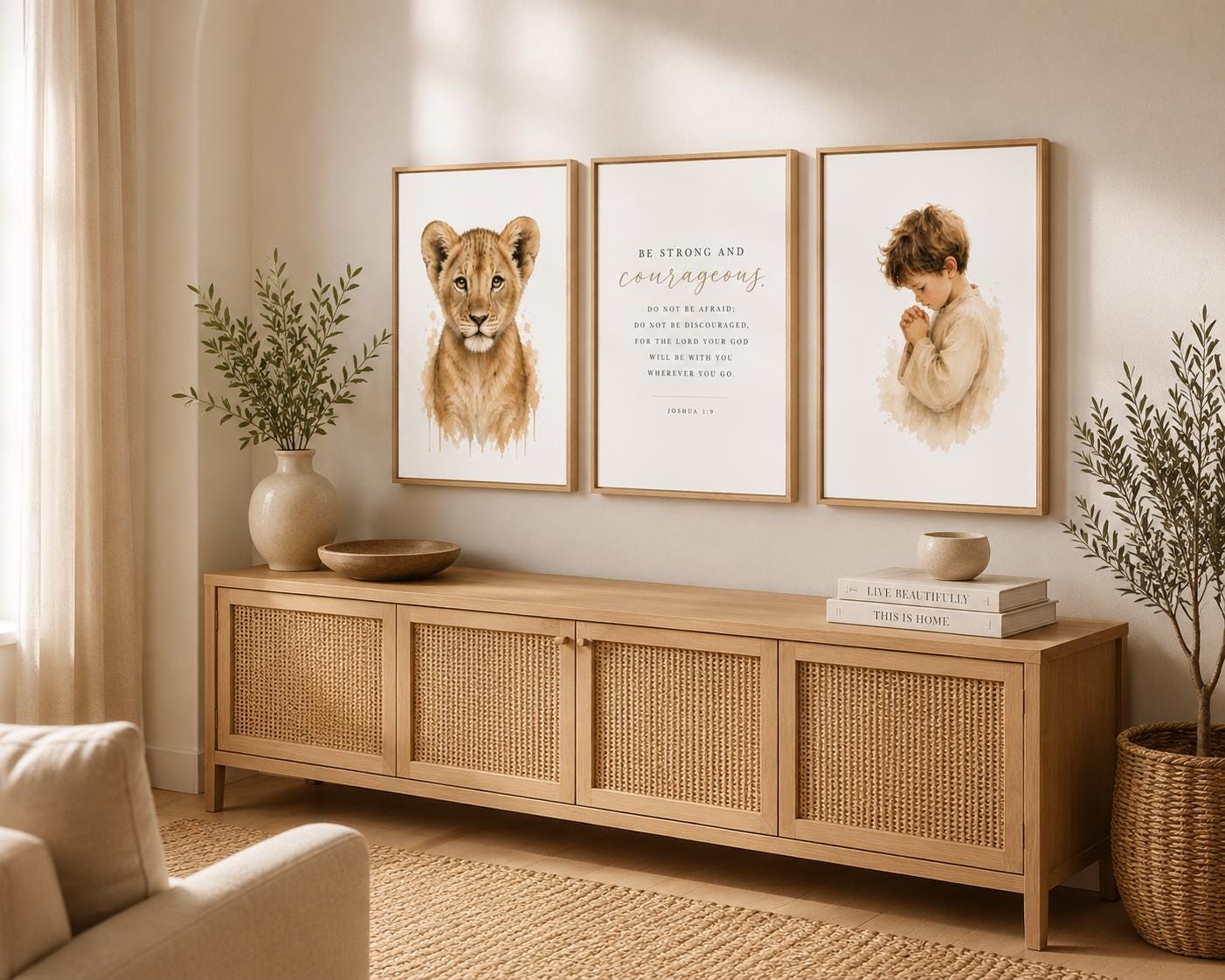 Three framed wall art prints displayed above a light wood console in a warm, styled room. The left print shows a lion cub, the center print features inspirational text, and the right print depicts a child with a book.