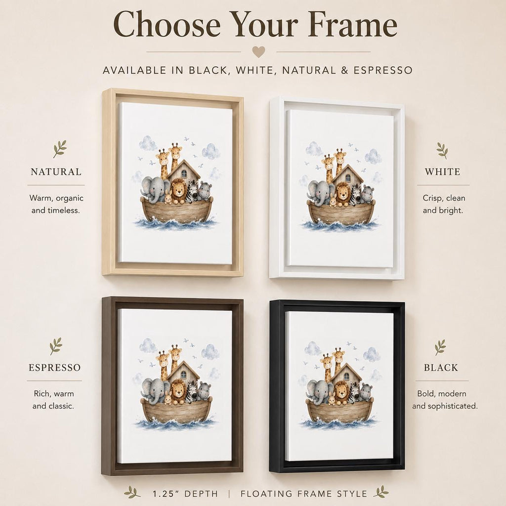 A product presentation graphic showing four floating frame styles with a Noah's Ark watercolor print. The top of the image features the text 'Choose Your Frame' and lists the available frame colors: Black, White, Natural, and Espresso.
