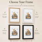 A product presentation graphic showing four floating frame styles with a Noah's Ark watercolor print. The top of the image features the text 'Choose Your Frame' and lists the available frame colors: Black, White, Natural, and Espresso.