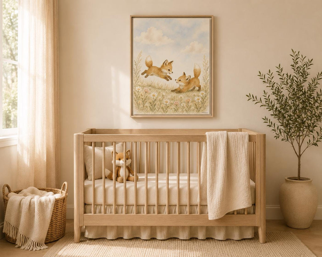 A light natural wood crib in a softly styled nursery, with a cream blanket draped over the side, a stuffed animal inside, and a framed fox painting on the wall above. A potted plant, basket, and window with warm curtains are visible in the room.
