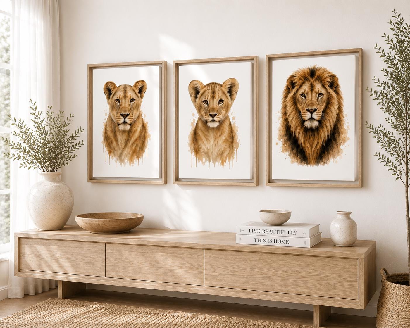 Three framed watercolor animal portraits of a lion cub and two adult lions hanging on a light wall above a wooden console table in a styled room.