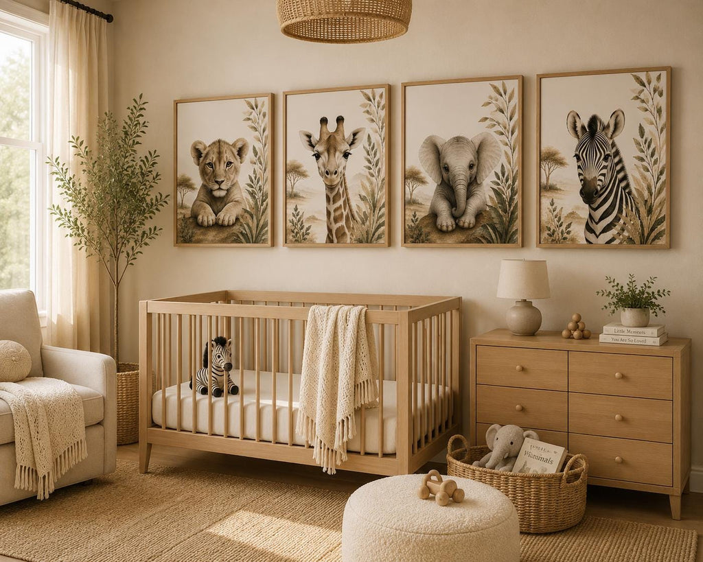 A styled nursery room featuring a set of four framed safari animal prints (lion, giraffe, elephant, zebra) on the wall above a light wood crib.