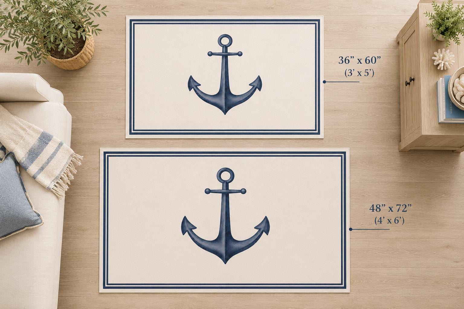 Blue Anchor Area Rug Coastal Nursery Ocean Nautical Bedroom Watercolor Chenille Ivory Multiple Sizes