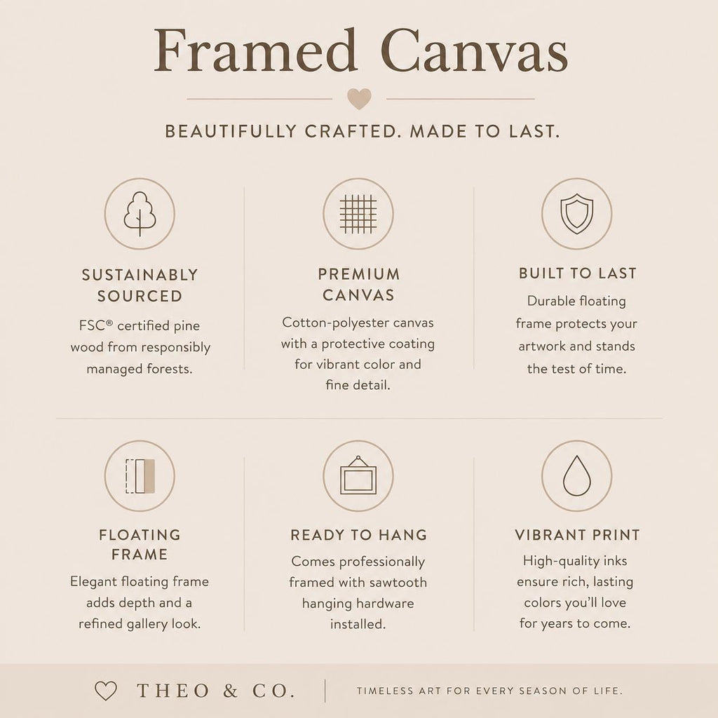 Framed Canvas quality features: sustainably sourced pine, premium canvas, floating frame, ready to hang, vibrant archival print