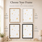 A wall-mounted display showing four floating framed prints with gold star patterns in different frame finishes: natural wood, white, espresso, and black. Text above reads 'Choose Your Frame' and labels each frame style.