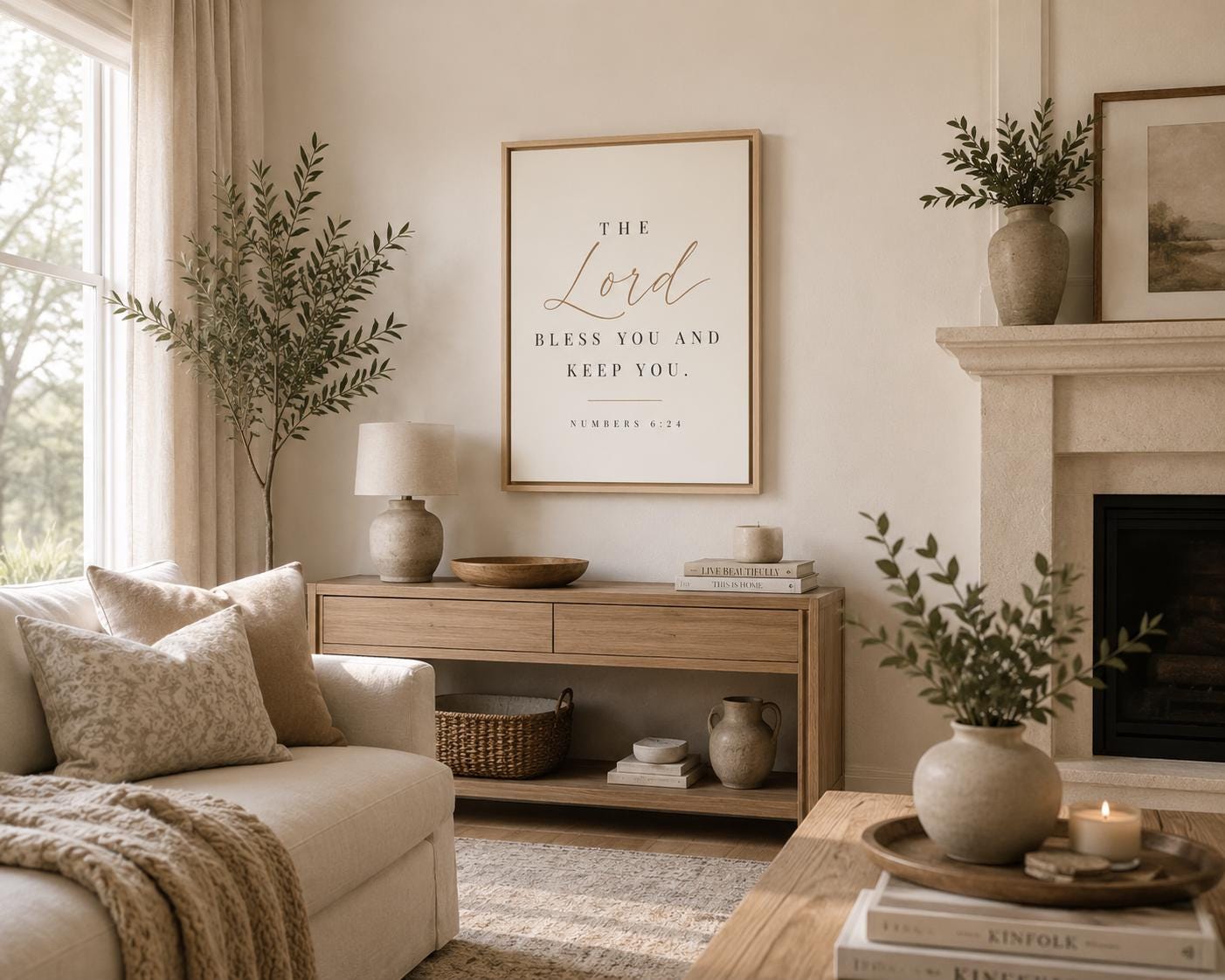 A framed wall art print with the quote 'The Lord Bless You and Keep You' hangs above a wooden console table in a softly styled living room with a sofa, plants, and a fireplace.