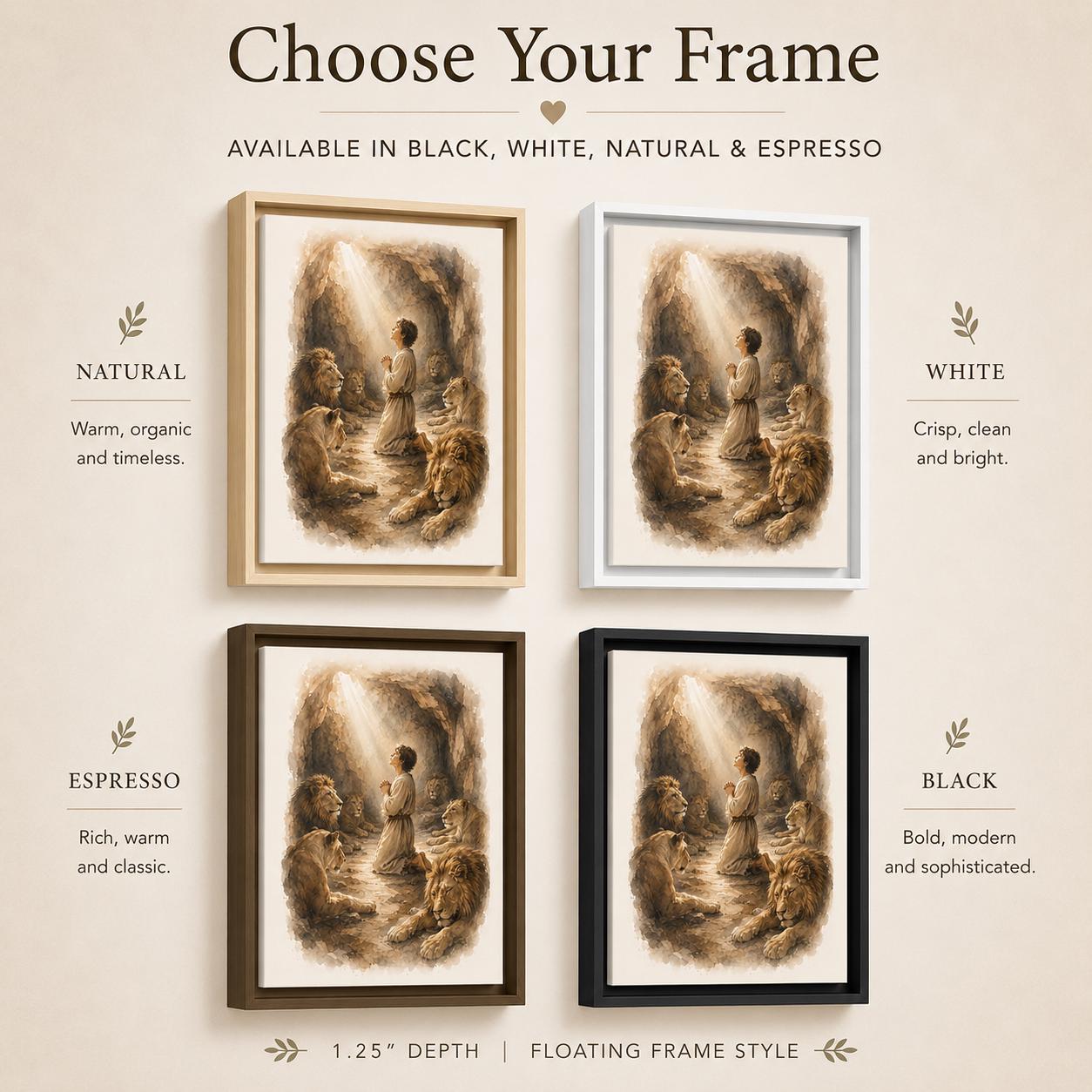 A framed art print display with the headline 'Choose Your Frame' and four style options labeled Natural, White, Espresso, and Black. The central artwork shows a sepia-toned classical scene with figures in a glowing interior.