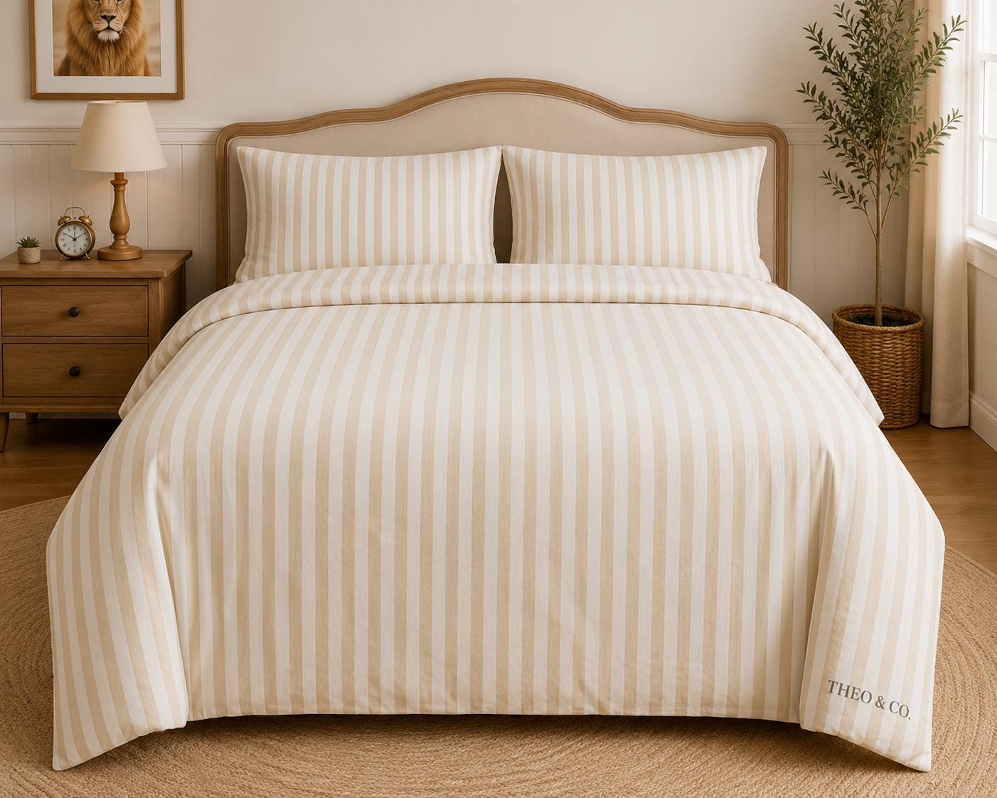 A neatly made bed in a warm, styled bedroom setting, featuring a cream and beige vertically striped duvet cover and two matching pillowcases. The brand name 'THEO & CO.