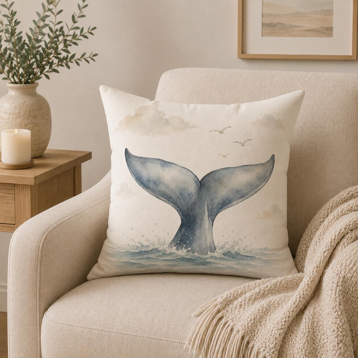 A square throw pillow with a watercolor-style blue whale tail design, resting on a beige armchair in a cozy living room setting.