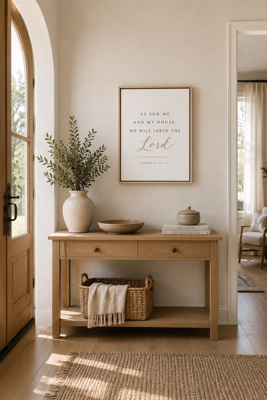 A framed wall art print with a biblical quote hangs above a light wood console table in a bright, neutral-toned entryway. The room includes a large white vase with greenery, a bowl, stacked books, and a woven basket on the table.