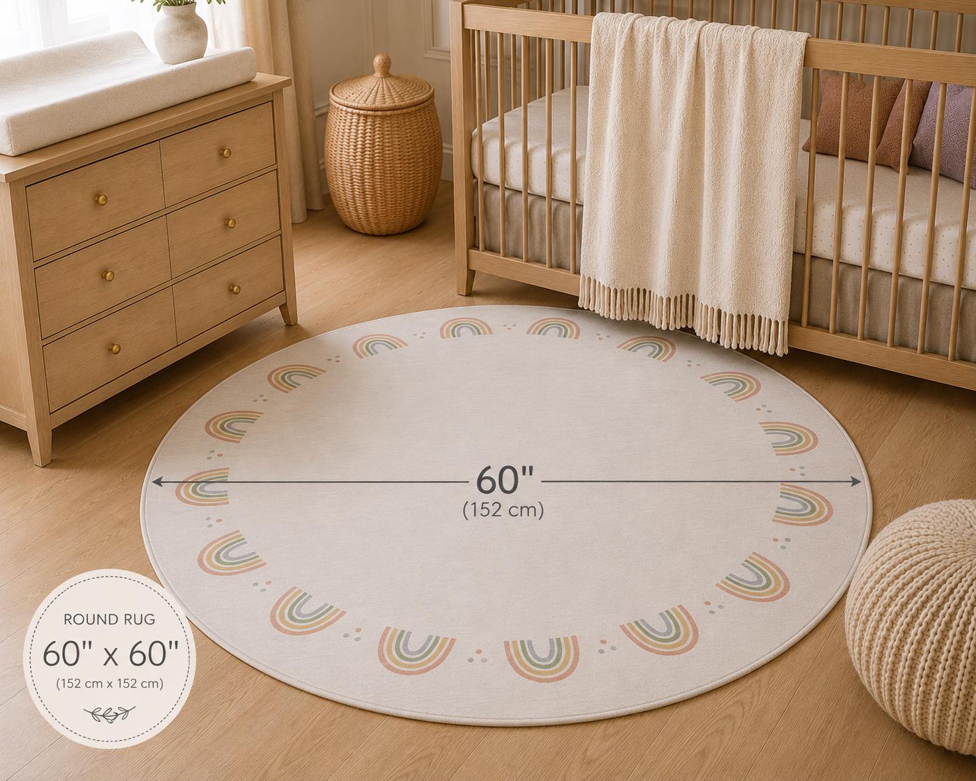 A round baby rug with a rainbow pattern shown in a nursery setting. The rug is light beige with pastel rainbow motifs and has a dimension overlay indicating a 60-inch diameter.