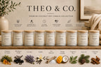A collection of THEO & CO. premium coconut soy candles displayed in a warm, rustic home setting.