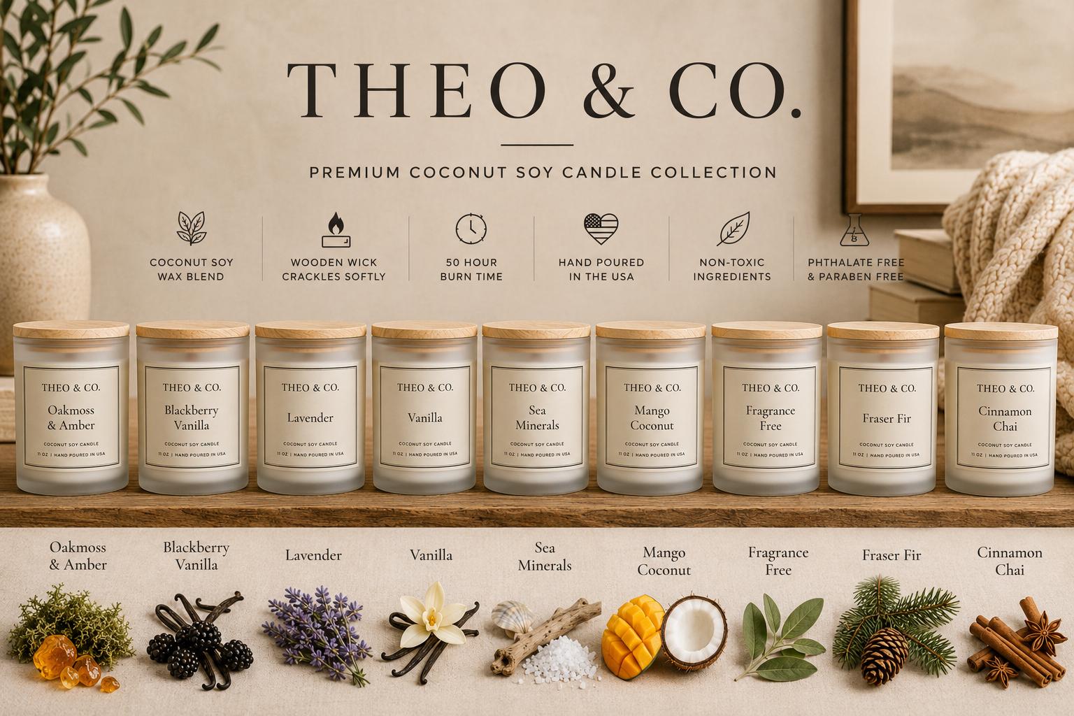 A collection of THEO & CO. premium coconut soy candles displayed in a warm, rustic home setting.