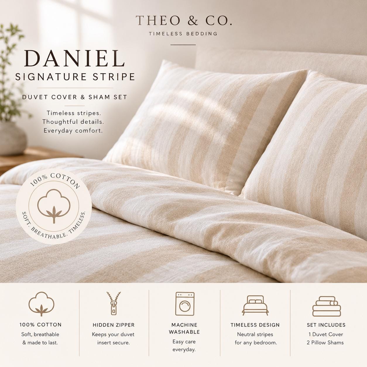 Theo & Co. Daniel Signature Stripe duvet cover and pillow sham set in a warm beige and cream striped pattern, styled on a bed with informational text overlays and feature icons at the bottom.