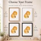 A styled interior scene showing four framed watercolor lion prints arranged on a wall, with text labels for frame finishes: Natural, White, Espresso, and Black. The top text reads 'Choose Your Frame' and the bottom includes '1.