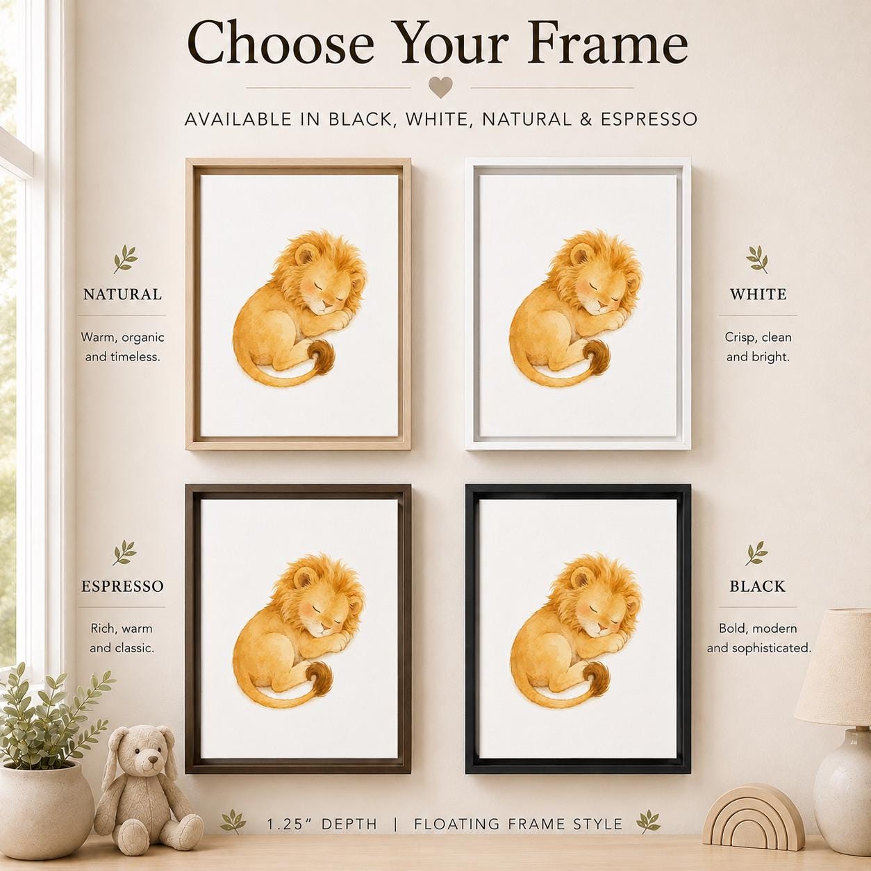 A styled interior scene showing four framed watercolor lion prints arranged on a wall, with text labels for frame finishes: Natural, White, Espresso, and Black. The top text reads 'Choose Your Frame' and the bottom includes '1.