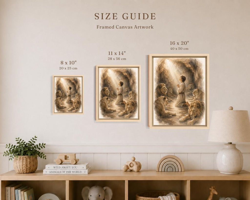 A size guide poster showing three framed canvas art prints of varying dimensions (8 x 10 inches, 11 x 14 inches, and 16 x 20 inches) displayed on a beige wall above a wooden shelf with home decor.