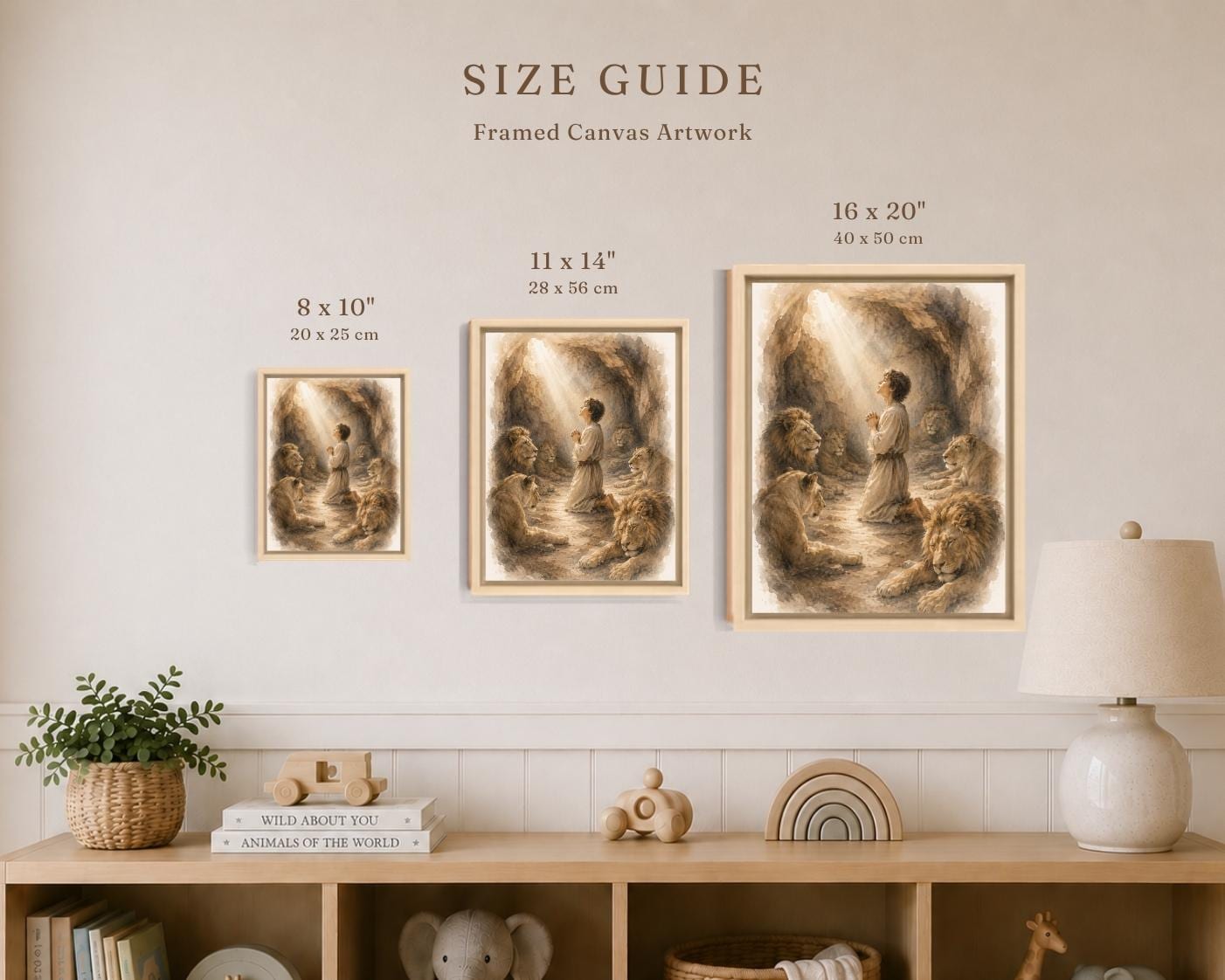 A size guide poster showing three framed canvas art prints of varying dimensions (8 x 10 inches, 11 x 14 inches, and 16 x 20 inches) displayed on a beige wall above a wooden shelf with home decor.