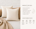 Two cream-colored square throw pillows displayed on a bed next to a beige knit blanket, with a white brick wall background. The right side of the image features informational panels detailing product features and care instructions.