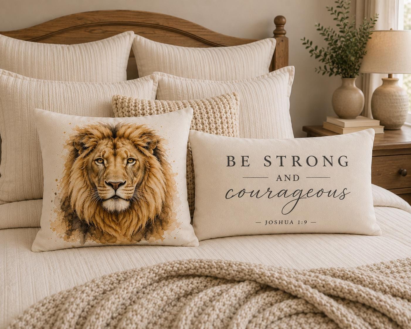 Two decorative throw pillows on a bed in a cozy bedroom setting. The left pillow features a detailed watercolor-style lion face in warm golden-brown tones on an off-white background.
