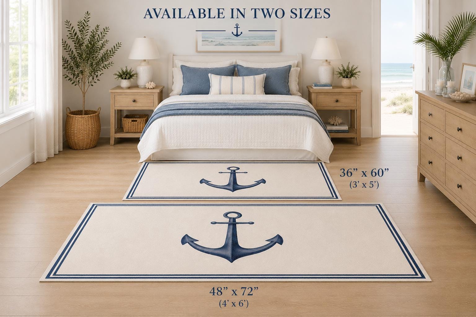 Blue Anchor Area Rug Coastal Nursery Ocean Nautical Bedroom Watercolor Chenille Ivory Multiple Sizes