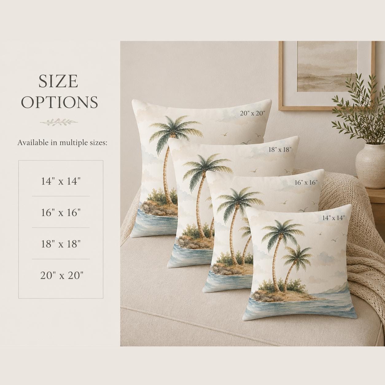 Four tropical beach-themed throw pillows with palm tree island prints arranged on a beige sofa, alongside a size options chart showing available square sizes from 14x14 to 20x20 inches.
