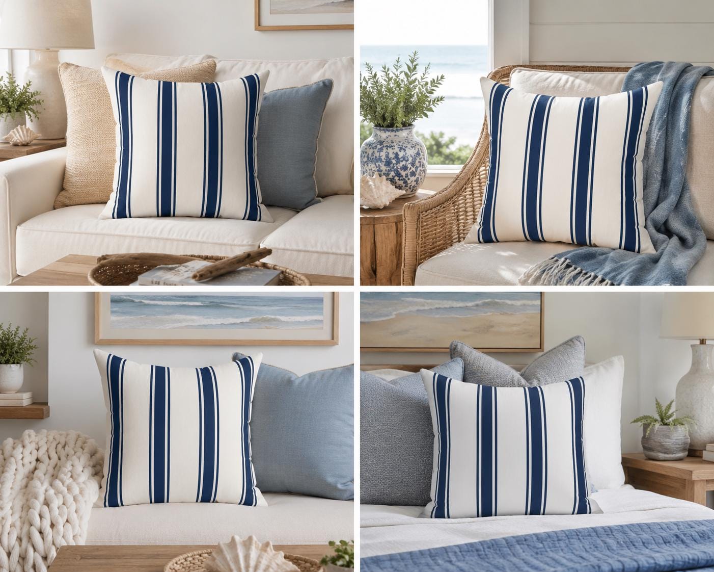 Navy Cabana Stripe Coastal Throw Pillow