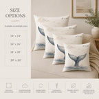 Four decorative throw pillows with a blue and gray whale tail design on a cream background, displayed on a beige sofa in a styled room. The left side includes a text panel showing available sizes: 14" x 14", 16" x 16", 18" x 18", and 20" x 20".