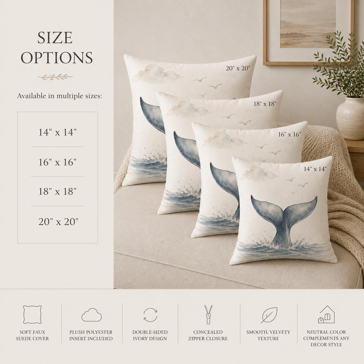 Four decorative throw pillows with a blue and gray whale tail design on a cream background, displayed on a beige sofa in a styled room. The left side includes a text panel showing available sizes: 14" x 14", 16" x 16", 18" x 18", and 20" x 20".