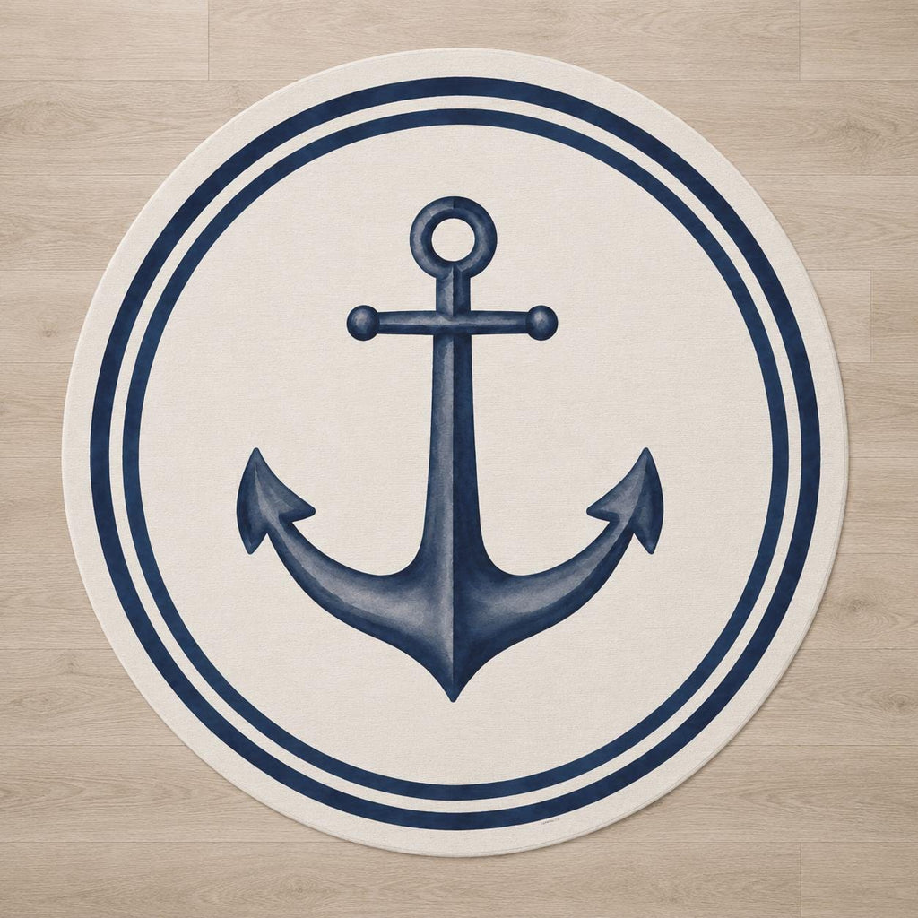 Blue Anchor Round Rug Coastal Nursery Nautical Ocean Playroom Watercolor Chenille Ivory