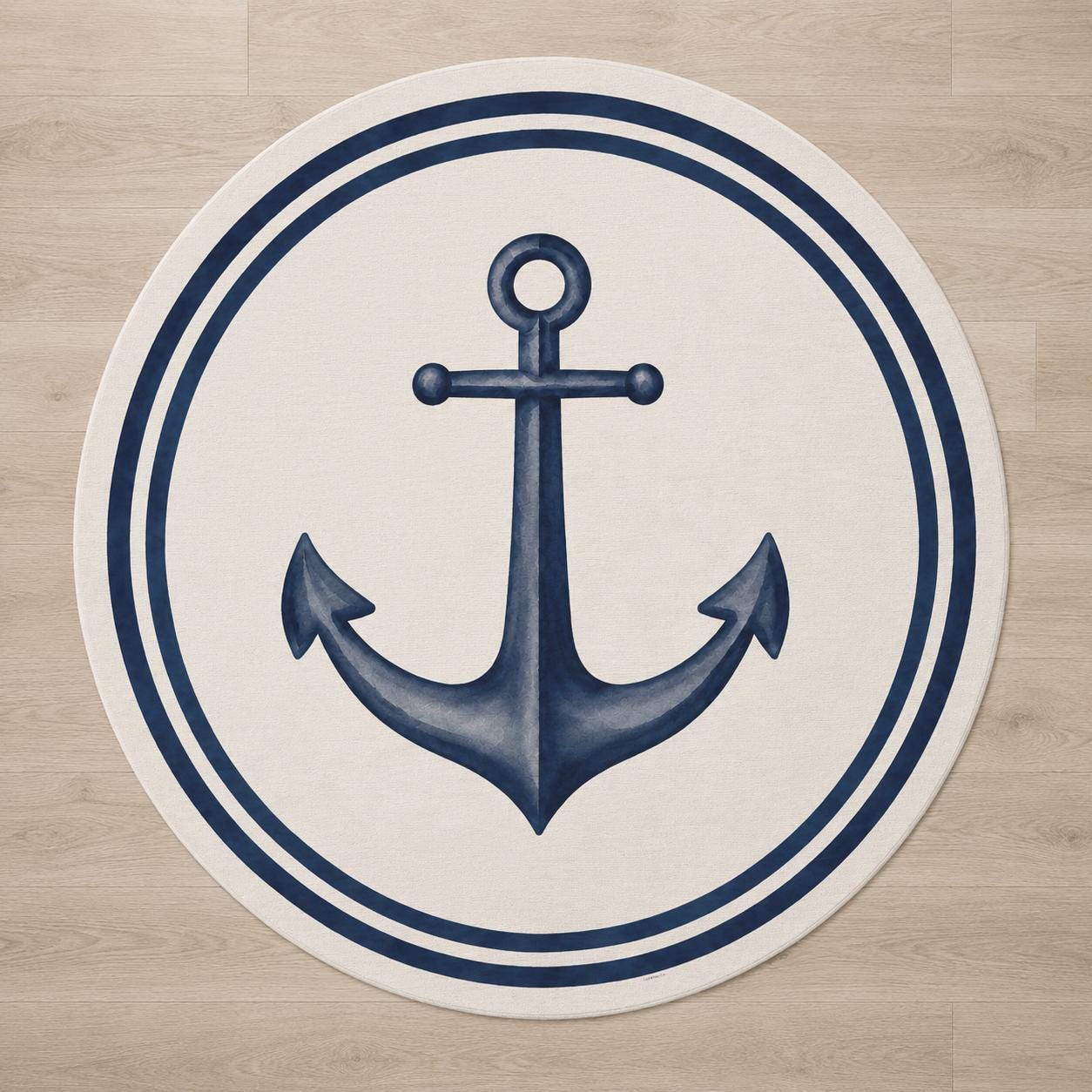 Blue Anchor Round Rug Coastal Nursery Nautical Ocean Playroom Watercolor Chenille Ivory