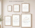 A size comparison chart showing six framed wall art prints in different dimensions, labeled 8"x10", 11"x14", 16"x20", 18"x24", 24"x36", and 32"x48", arranged on a beige wall with the text 'SIZE COMPARISON' above them.