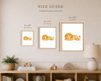 A size guide graphic showing three framed canvas prints of a sleeping lion in different sizes (8 x 10 inches, 11 x 14 inches, 16 x 20 inches) mounted on a beige wall above a wooden shelf with home decor.