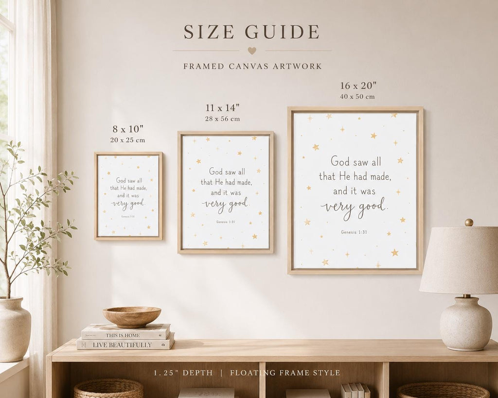 A size guide mockup showing three framed canvas art prints hanging on a beige wall above a wooden console table. The prints display scripture quotes in black script with small gold stars on a white background, in light wood frames.